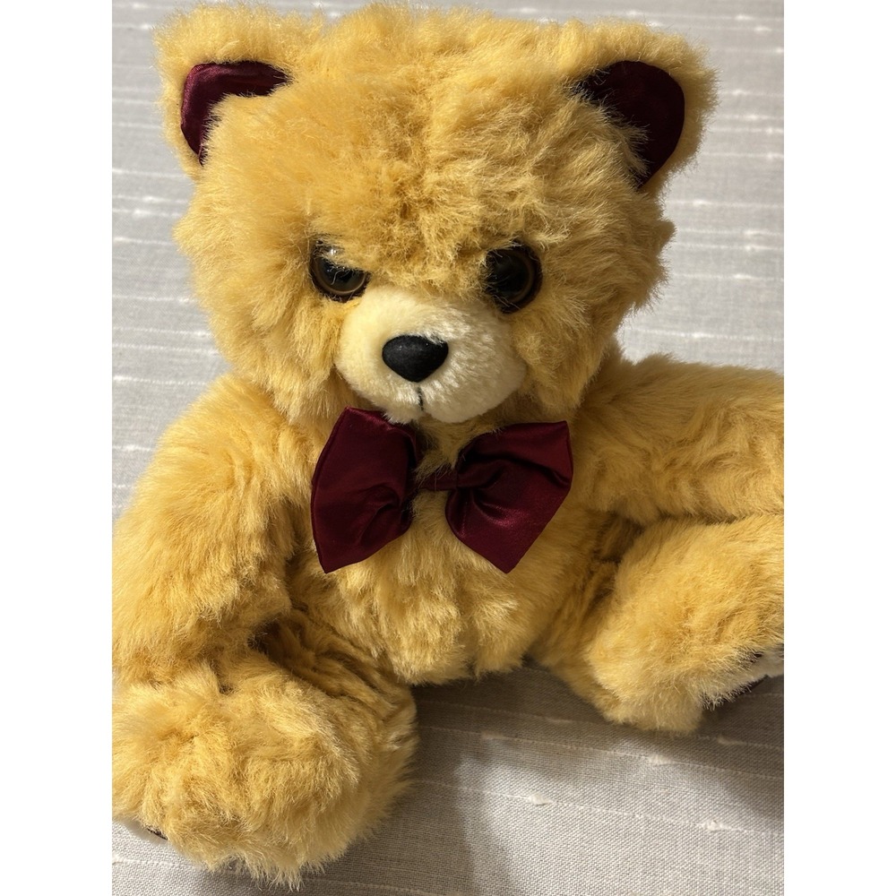 Vintage Snuggly Light Brown Teddy Bear With Burgundy Accents Plush Toy Love Gift